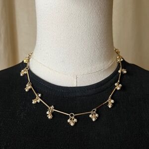 Vintage Gold Tone Faux Pearl Fringe Necklace 18" Dainty Drop Charm Bar Chain